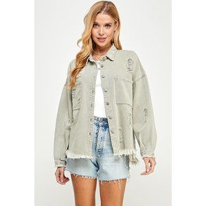 🔥SALE🔥Women's PLUS SIZE Washed Denim Jacket With Distressing Detail (OLIVE)